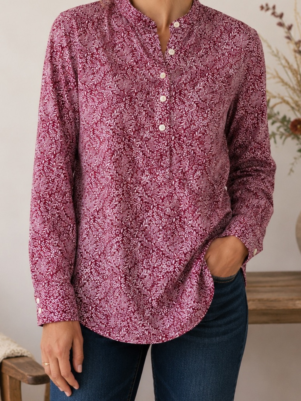 Duluth Trading Women’s Popover Tunic Blouse Size Small Floral Mandarin Collar
